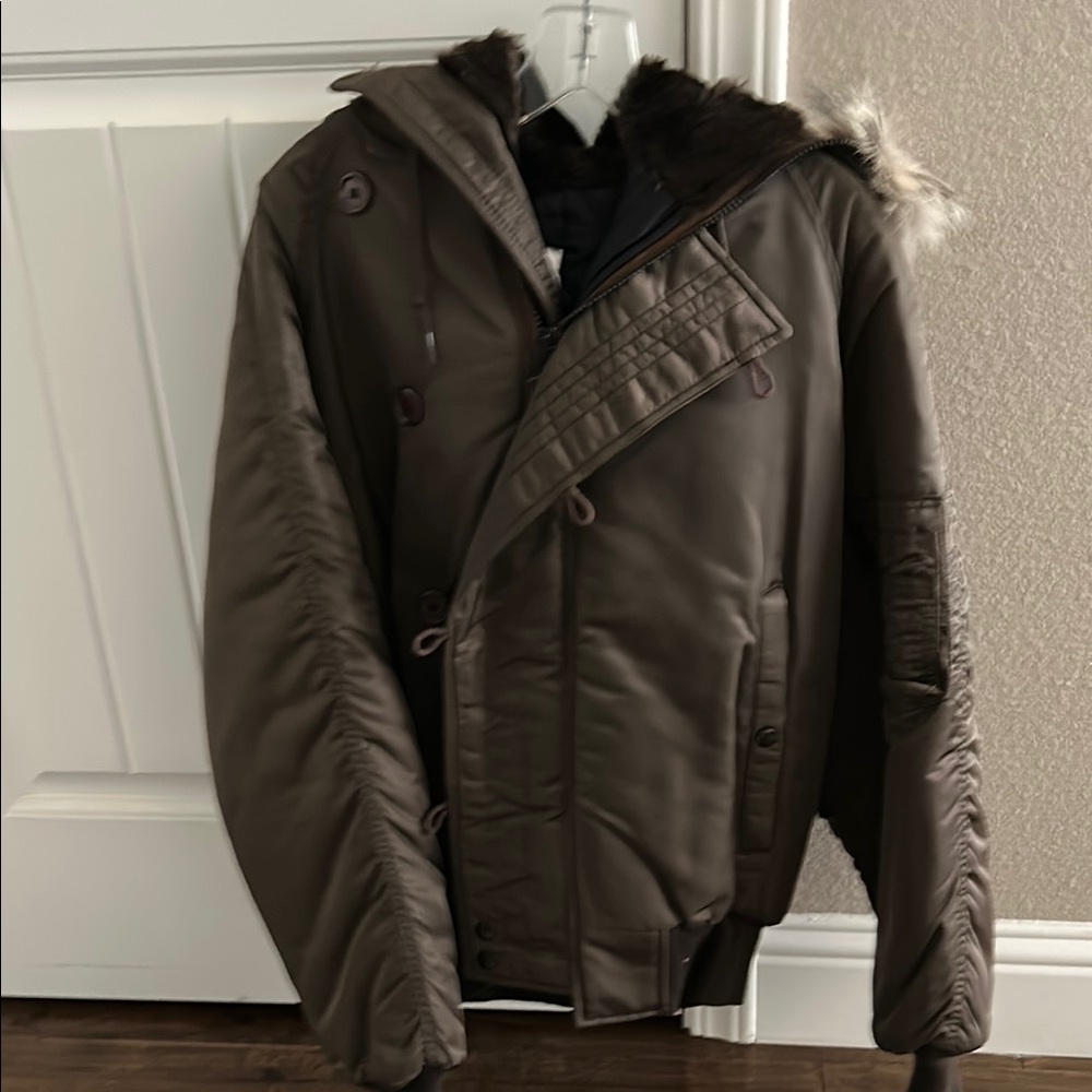 Men's Brown bomber Jacket with Fur Trim (Barney’s NYC) - Picture 2 of 11